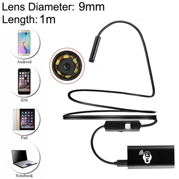 1.0MP HD Camera 30m Wireless Distance Metal WiFi Box Waterproof IPX67 Endoscope Snake Tube Inspection Camera with 6 LED for Android & iOS, Length: 1m, Lens Diameter: 9mm(Black)