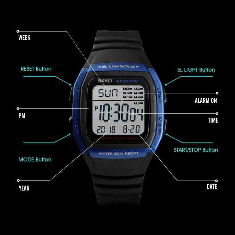 SKMEI 1278 Fashionable Outdoor 50m Waterproof Digital Watch Student Sports Wrist Watch Support 5 Group Alarm Clocks(Black)