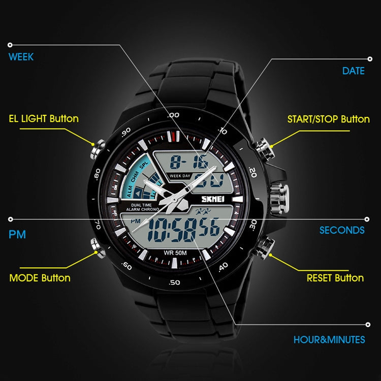 SKMEI 1016 Multifunctional Men Outdoor Sports Noctilucent Waterproof Double Digital Watch (Black)