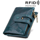Genuine Cowhide Leather Crazy Horse Texture Zipper 3-folding Card Holder Wallet RFID Blocking Coin Purse Card Bag Protect Case for Men, Size: 12*9.5*3.5cm(Blue)