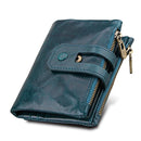 Genuine Cowhide Leather Crazy Horse Texture Zipper 3-folding Card Holder Wallet RFID Blocking Coin Purse Card Bag Protect Case for Men, Size: 12*9.5*3.5cm(Blue)