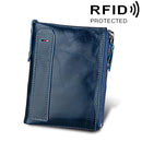 Genuine Cowhide Leather Crazy Horse Texture Dual Zipper Short Style Card Holder Wallet RFID Blocking Card Bag Protect Case for Men, Size: 12.1*9.4*2.7cm(Blue)