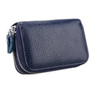 Genuine Cowhide Leather Dual Layer Solid Color Zipper Card Holder Wallet Coin Purse Card Bag Protect Case with Card Slots & Coin Position, Size: 10.5*7.0*4.0cm(Dark Blue)