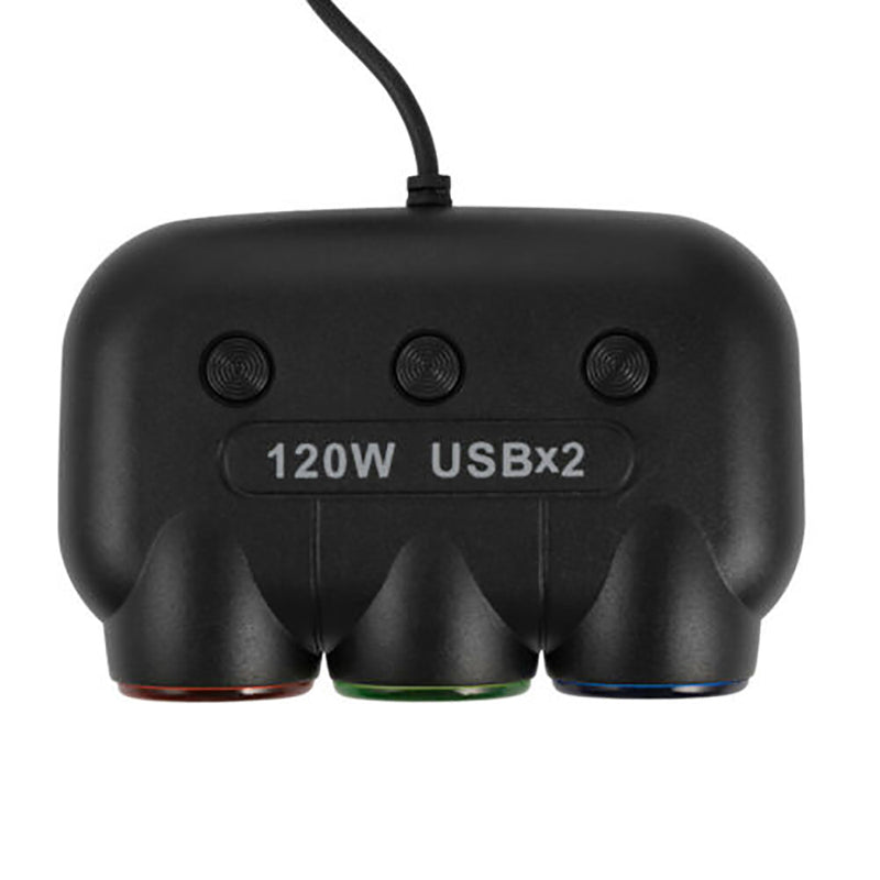 3 Way Triple Car Cigarette Lighter Socket Splitter LED Light+2 USB DC 12V New 1x
