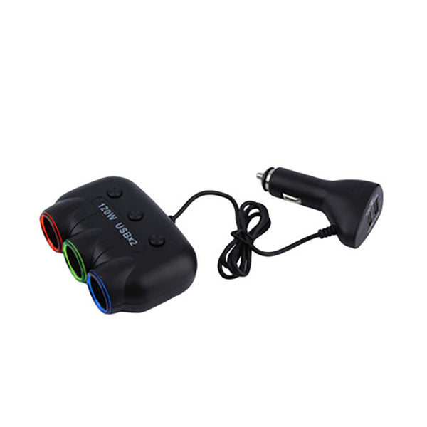 3 Way Triple Car Cigarette Lighter Socket Splitter LED Light+2 USB DC 12V New 1x