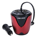 HSC YC-19 Car Cup Charger 2.1A/1A Dual USB Ports Car 12V-24V Charger with 2-Socket Cigarette and Card Socket(Red)