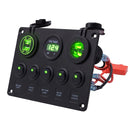 Multi-function Combination Switch Panel Voltmeter + Cigarette Lighter Socket + 5 Way Switches + Dual USB Charger for Car RV Marine Boat(Green Light)