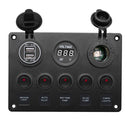 Multi-function Combination Switch Pane Voltmeter + Cigarette Lighter Socket + 5 Way Switches + Dual USB Charger for Car RV Marine Boat(Red Light)