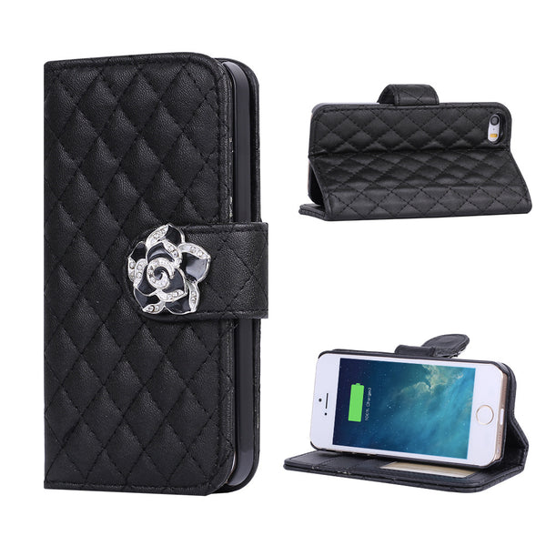 Diamond Plaid Leather Flip Stand Case Card Cover Fit For iPhone5 5S Mobile Phone