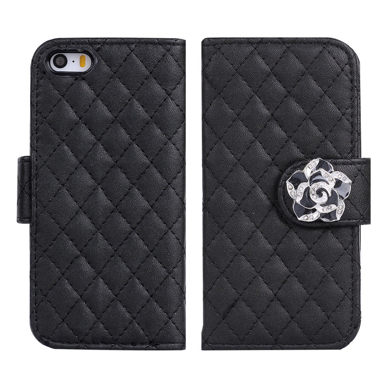 Diamond Plaid Leather Flip Stand Case Card Cover Fit For iPhone5 5S Mobile Phone