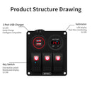 Multi-functional Combination Switch Panel 12V / 24V 3 Way Switches + Dual USB Charger for Car RV Marine Boat (Red Light)