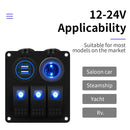 Multi-functional Combination Switch Panel 12V / 24V 3 Way Switches + Dual USB Charger for Car RV Marine Boat (Blue Light)