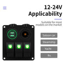 Multi-functional Combination Switch Panel 12V / 24V 3 Way Switches + Dual USB Charger for Car RV Marine Boat (Green Light)