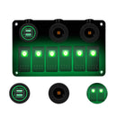 Multi-functional Combination Switch Panel 12V / 24V 6 Way Switches + Dual USB Charger for Car RV Marine Boat (Green Light)