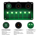 Multi-functional Combination Switch Panel 12V / 24V 6 Way Switches + Dual USB Charger for Car RV Marine Boat (Green Light)