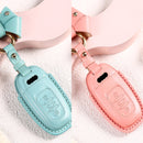 Car Female Style Cowhide Leather Key Protective Cover for Audi, B Type with Bow (Lake Blue)