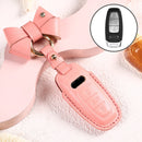 Car Female Style Cowhide Leather Key Protective Cover for Audi, C Type with Bow (Pink)