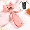 Car Female Style Cowhide Leather Key Protective Cover for Audi, Folding Type with Bow (Pink)