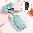 Car Female Style Cowhide Leather Key Protective Cover for Audi, Folding Type with Bow (Lake Blue)