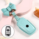 Car Female Style Cowhide Leather Key Protective Cover for BMW, A Type with Bow (Lake Blue)