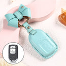 Car Female Style Cowhide Leather Key Protective Cover for Honda 3-button Start, with Bow (Lake Blue)