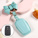 Car Female Style Cowhide Leather Key Protective Cover for Toyota 2-button 2018, with Bow (Lake Blue)