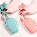 Car Female Style Cowhide Leather Key Protective Cover for Toyota 2-button 2018, with Bow (Pink)