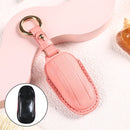 Car Female Style Cowhide Leather Key Protective Cover for Tesla Model 3, A Type without Bow (Pink)