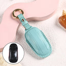 Car Female Style Cowhide Leather Key Protective Cover for Tesla Model 3, A Type without Bow (Lake Blue)