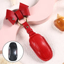 Car Female Style Cowhide Leather Key Protective Cover for Tesla Model X, B Type with Bow (Red)