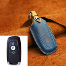 For Ford Car Cowhide Leather Key Protective Cover Key Case, Three Keys Version (Blue)