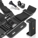Adjustable Body Mount Belt Chest Strap with Phone Clamp & S-type Adapter & J Hook Mount & Long Screw for GoPro HERO10 Black / HERO9 Black / HERO8 Black / HERO7 /6 /5 /5 Session /4 Session /4 /3+ /3 /2 ... ction and Other Action Cameras, Smartphones(Black)