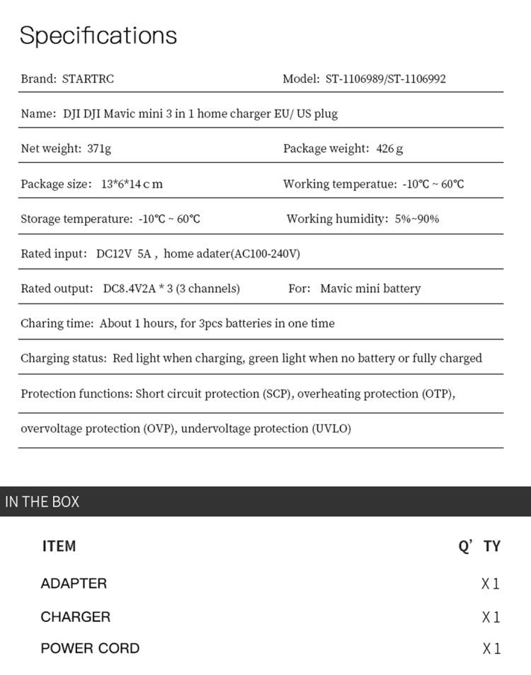 STARTRC 3 in 1 Travel Charger for DJI MAVIC Mini(EU Plug)