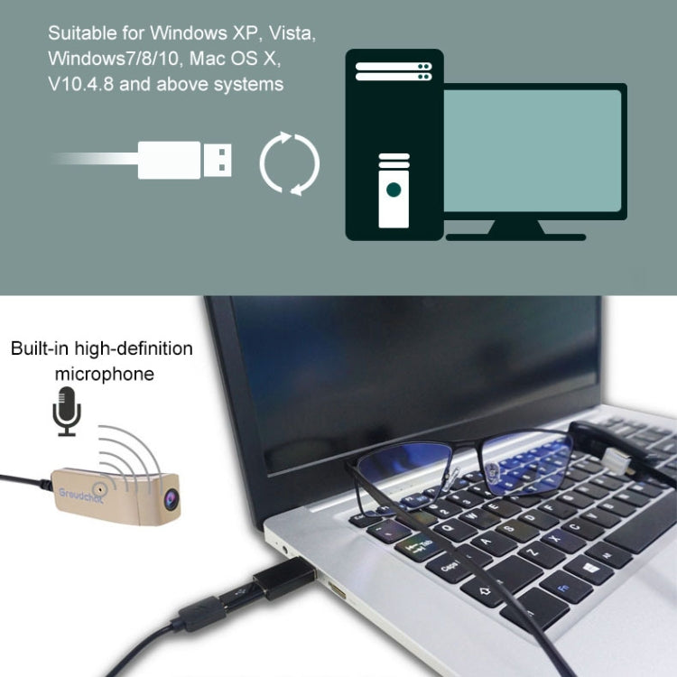 Groudchat JP1DV1 1080P HD Smart Camera Mobile Phone USB Live Camera for Glasses Legs, Built-in Sound-absorbing and Noise-reducing Microphone (Black Gold)