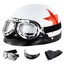 Soman Electromobile Motorcycle Half Face Helmet Retro Harley Helmet with Goggles(Bright White Red Star)
