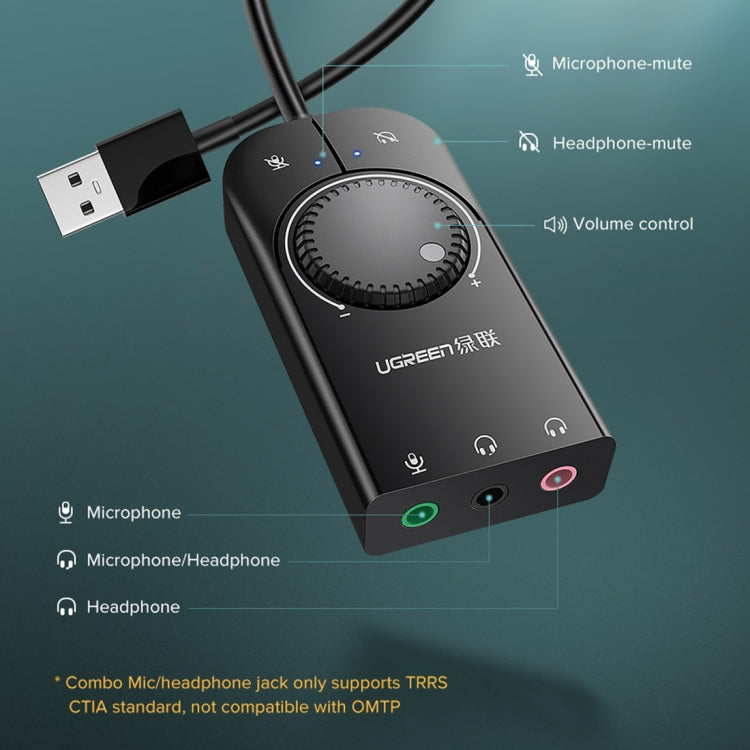 UGREEN CM109 USB to 3-ports 3.5mm Computer External Audio Card with Volume Adjustment Wheel, Length: 15cm