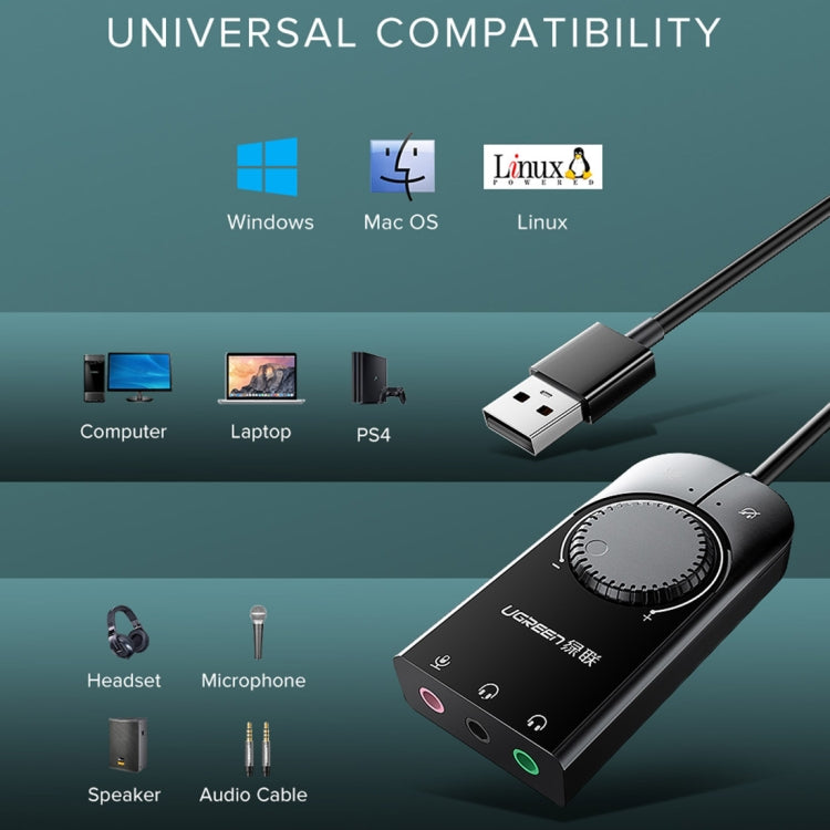 UGREEN CM109 USB to 3-ports 3.5mm Computer External Audio Card with Volume Adjustment Wheel, Length: 15cm
