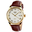 SKMEI 9058 Multifunctional Outdoor Fashion Waterproof Gold Shell Quartz Wrist Watch(Men Style Silver Face Brown Strap)