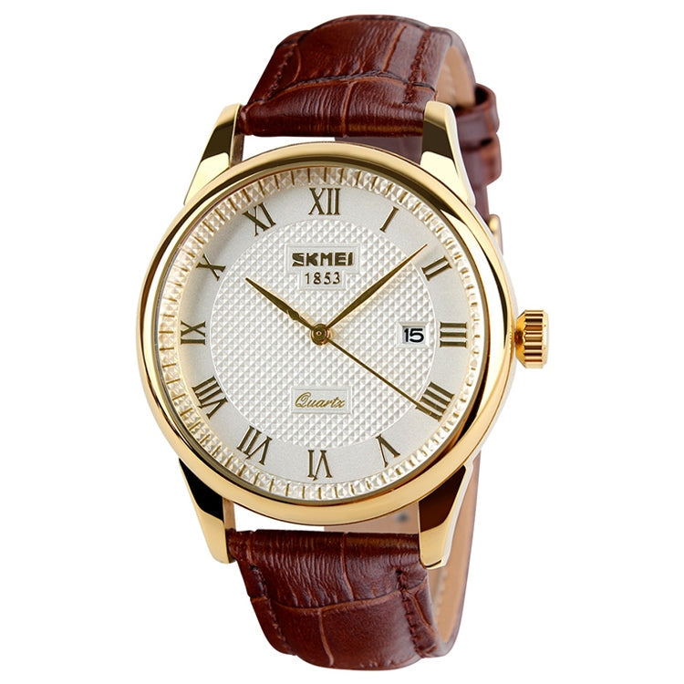 SKMEI 9058 Multifunctional Outdoor Fashion Waterproof Gold Shell Quartz Wrist Watch(Men Style Silver Face Brown Strap)