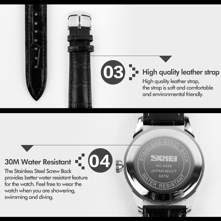 SKMEI 9058 Multifunctional Outdoor Fashion Waterproof Gold Shell Quartz Wrist Watch(Men Style Silver Face Brown Strap)