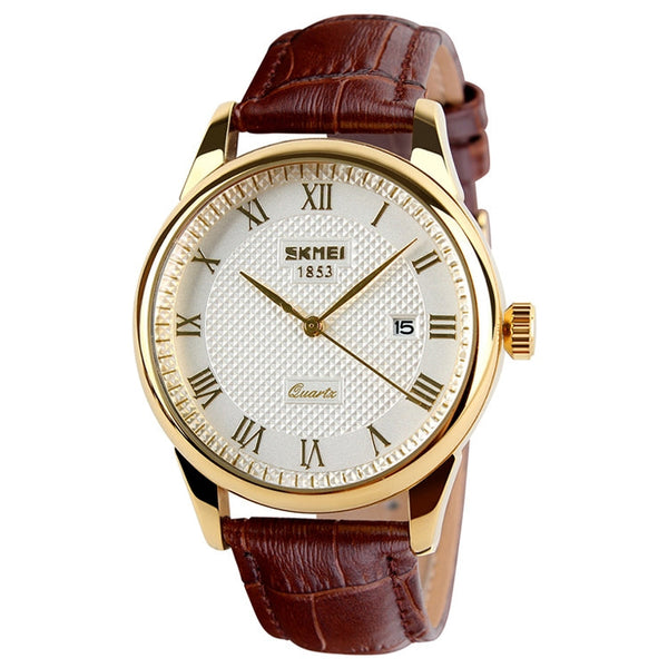 SKMEI 9058 Multifunctional Outdoor Fashion Waterproof Gold Shell Quartz Wrist Watch(Men Style Silver Face Brown Strap)