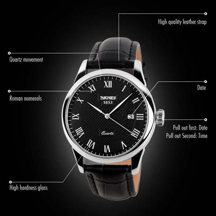 SKMEI 9058 Multifunctional Outdoor Fashion Waterproof Gold Shell Quartz Wrist Watch(Men Style Silver Face Brown Strap)