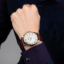 SKMEI 9058 Multifunctional Outdoor Fashion Waterproof Gold Shell Quartz Wrist Watch(Men Style Silver Face Brown Strap)