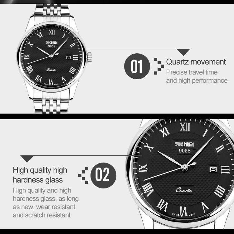 SKMEI 9058 Multifunctional Outdoor Fashion Waterproof Steel Strip Quartz Wrist Watch(Men Style White)