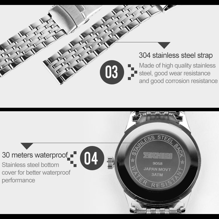SKMEI 9058 Multifunctional Outdoor Fashion Waterproof Steel Strip Quartz Wrist Watch(Men Style White)