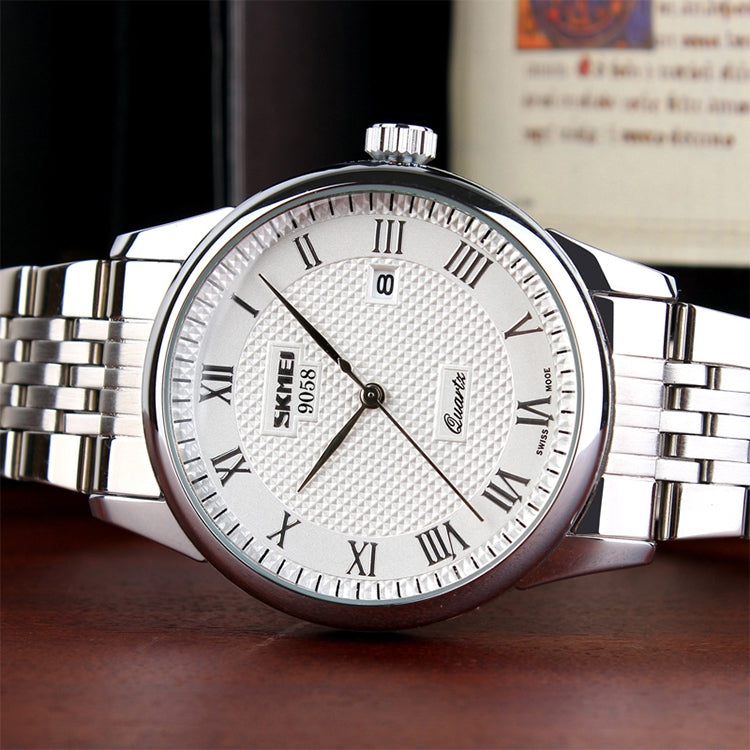 SKMEI 9058 Multifunctional Outdoor Fashion Waterproof Steel Strip Quartz Wrist Watch(Men Style White)