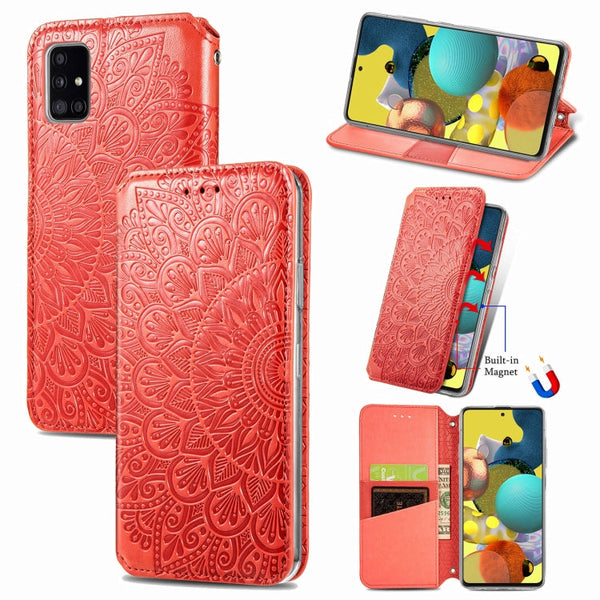Blooming Mandala Embossed Pattern Magnetic Horizontal Flip Leather Case with Holder & Card Slots & Wallet For Samsung Galaxy A51(Orange)