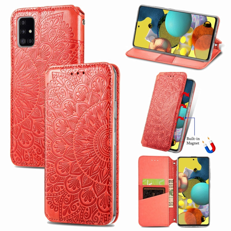 Blooming Mandala Embossed Pattern Magnetic Horizontal Flip Leather Case with Holder & Card Slots & Wallet For Samsung Galaxy A51(Orange)