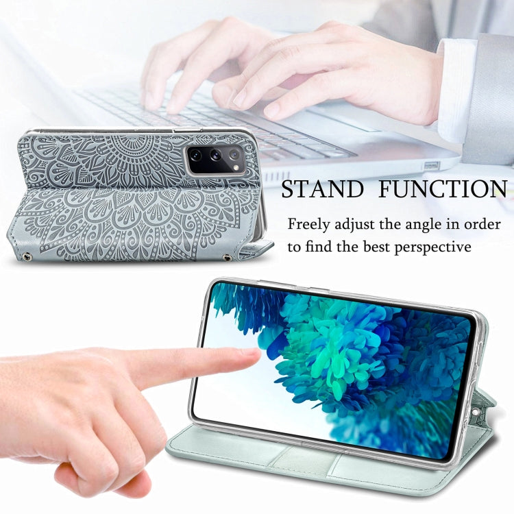 Blooming Mandala Embossed Pattern Magnetic Horizontal Flip Leather Case with Holder & Card Slots & Wallet For Samsung Galaxy S20 FE(Grey)