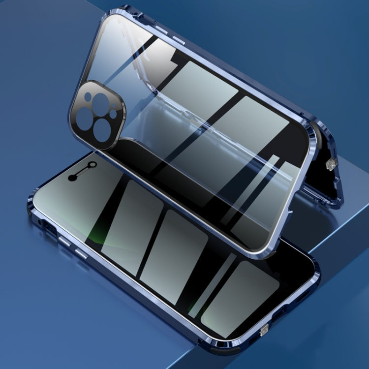 Four-corner Shockproof Anti-peeping Magnetic Metal Frame Double-sided Tempered Glass Case For iPhone 12 Pro Max(Blue)